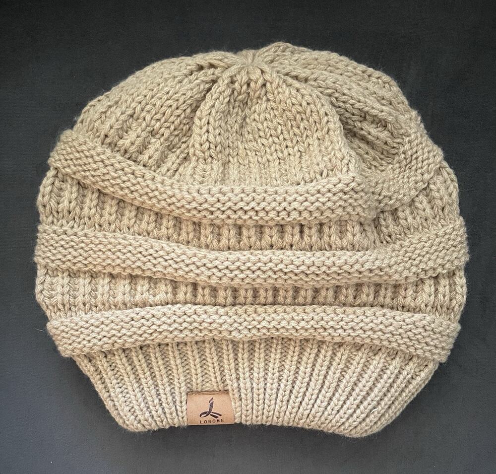 Lorome Winter Hat Beanie Knitted Fleece Lining Unisex Caramel Camel Tan